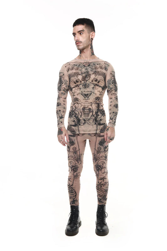 Calça Legging de Tule Mesh "Tattoo" - Bege