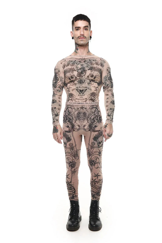 Calça Legging de Tule Mesh "Tattoo" - Bege