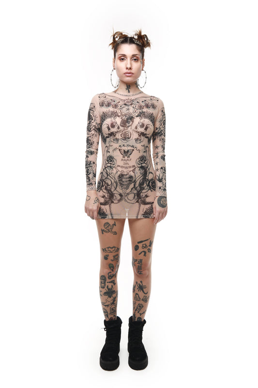 Beige Tulle Mesh Tattoo Blouse