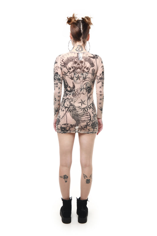 Beige Tulle Mesh Tattoo Blouse